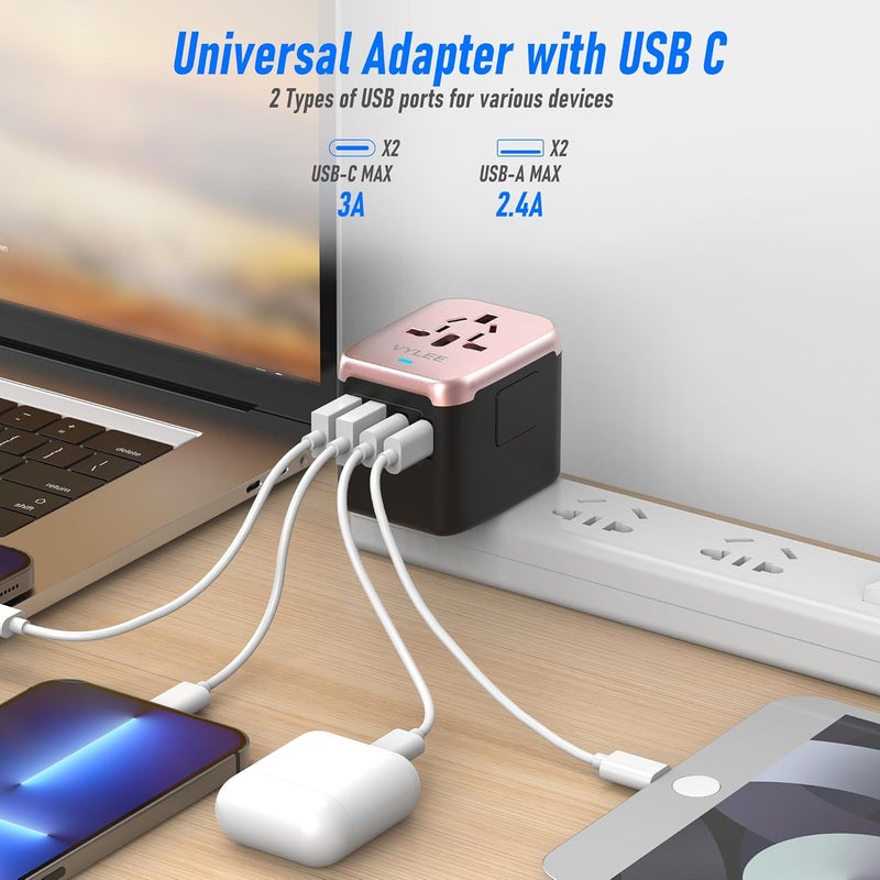 VYLEE Universal International Power Travel Plug Adapter, 5 in 1 European Travel Plug Adapter W/ 3.5A 2xUSB-A and 2xUSB C Wall Charger and Worldwide AC Outlet for Europe USA UK AUS(Rose Gold) - Image 2